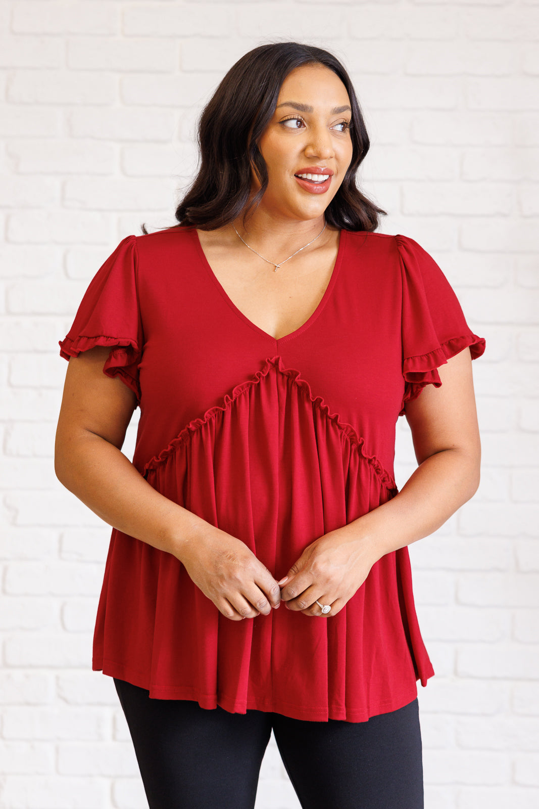 One Day Soon V Neck Ruffle Detail Top Flutter Sleeves