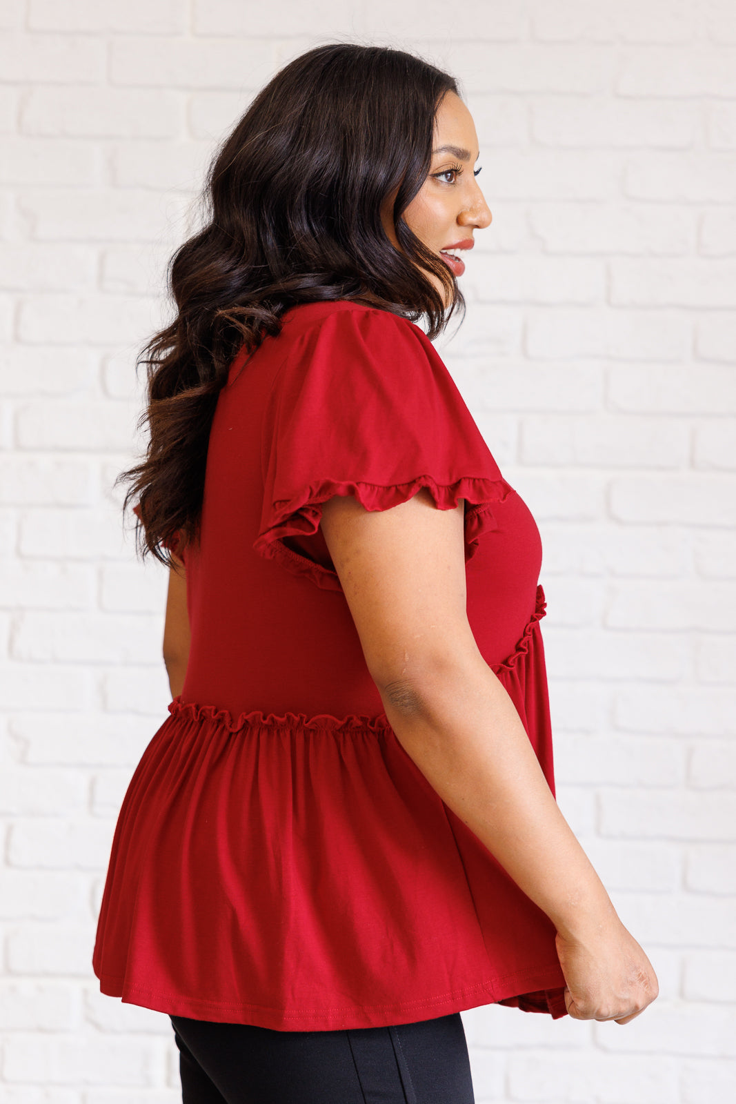One Day Soon V Neck Ruffle Detail Top Flutter Sleeves