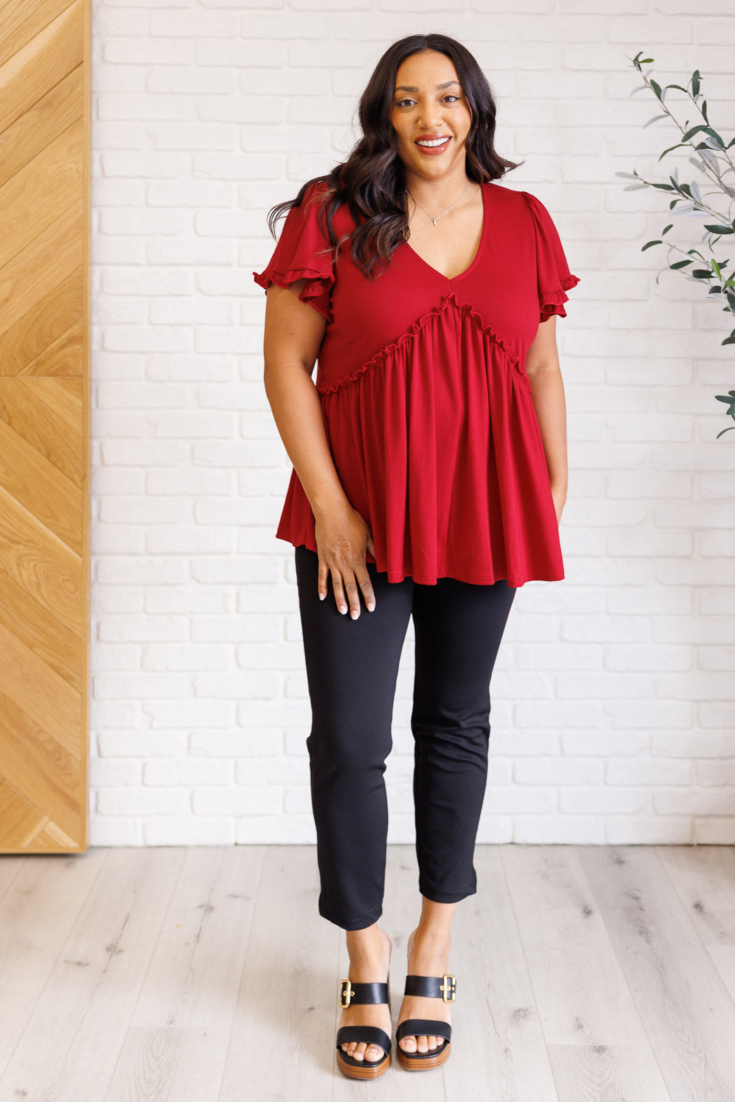 One Day Soon V Neck Ruffle Detail Top Flutter Sleeves