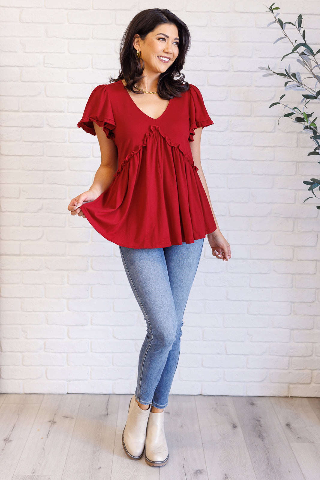 One Day Soon V Neck Ruffle Detail Top Flutter Sleeves
