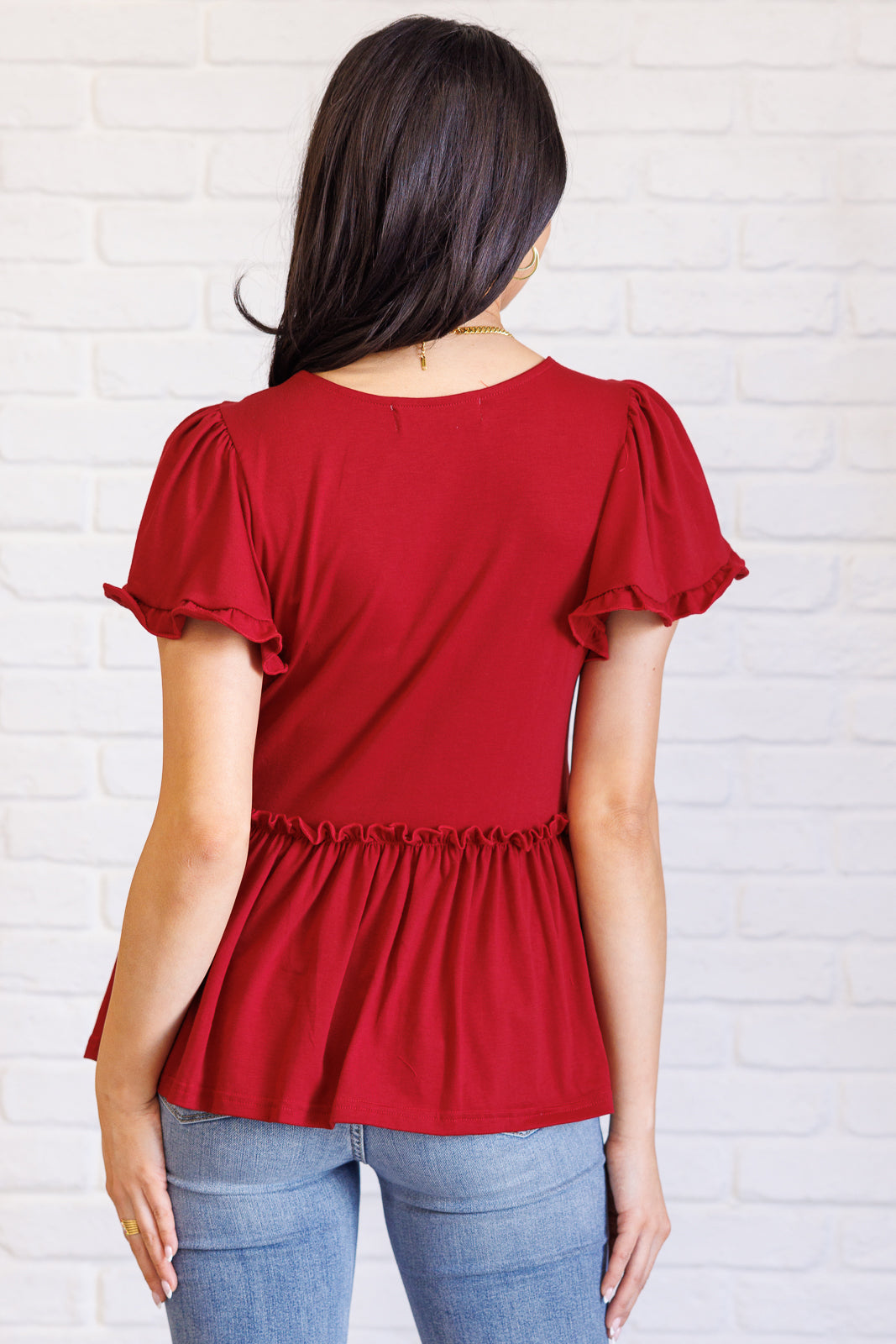 One Day Soon V Neck Ruffle Detail Top Flutter Sleeves