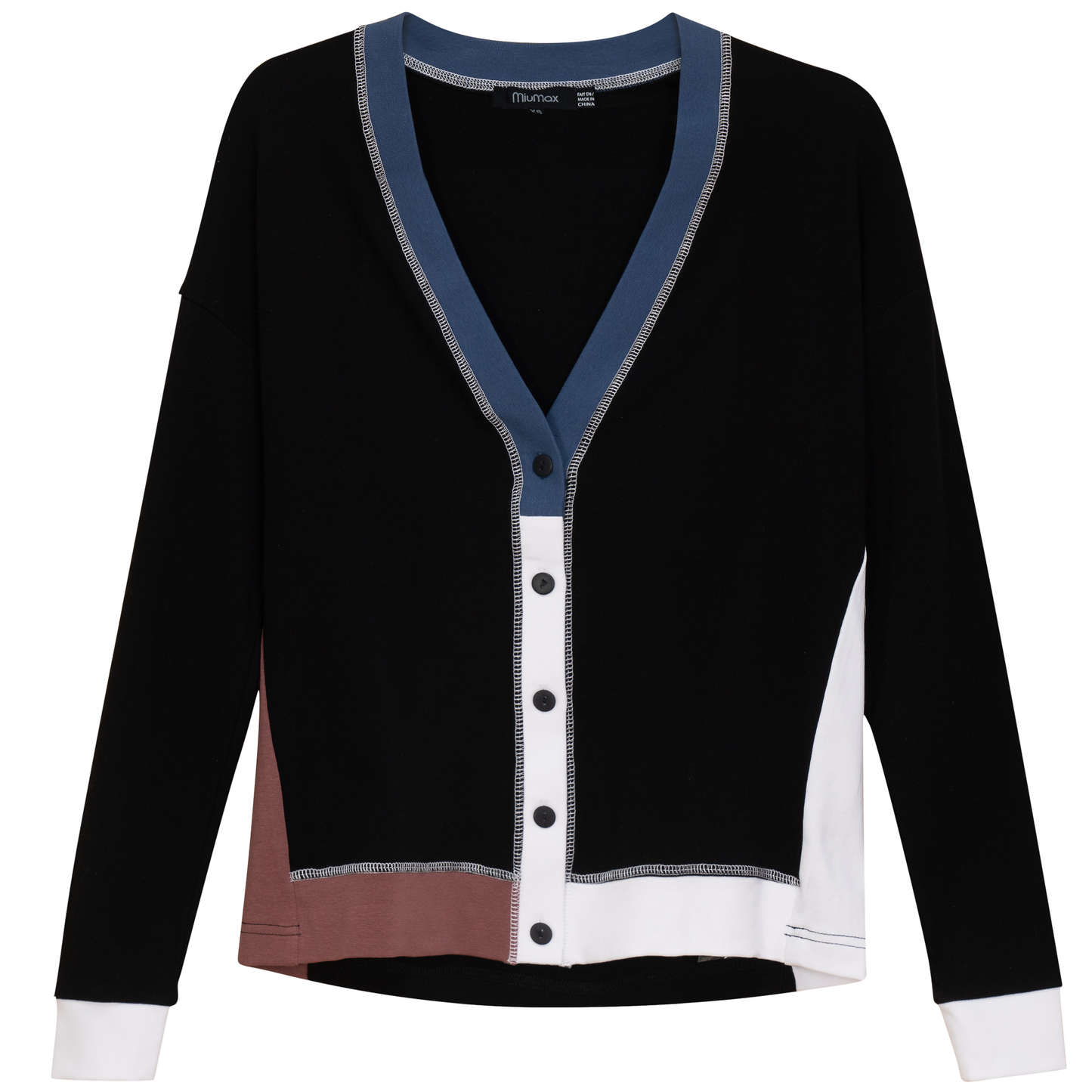 Ladies Color Blocked Cardigan Long Sleeve Button Front
