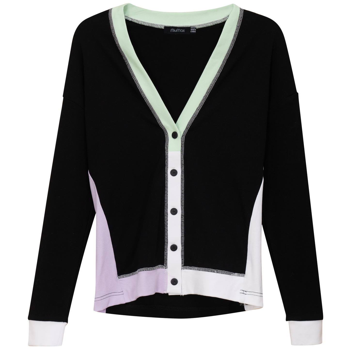 Ladies Color Blocked Cardigan Long Sleeve Button Front