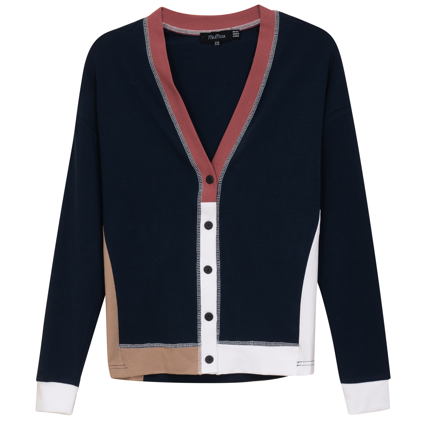 Ladies Color Blocked Cardigan Long Sleeve Button Front