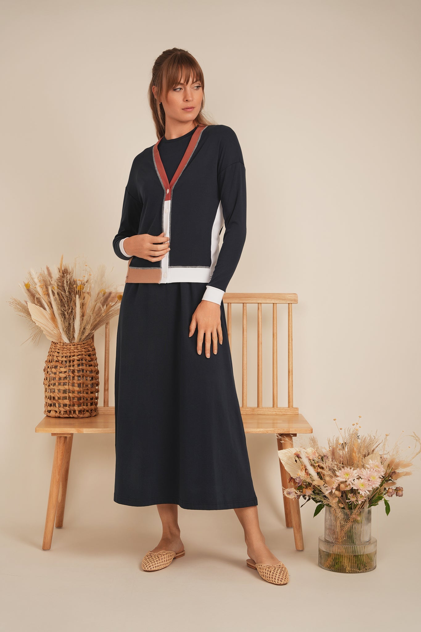 Ladies Color Blocked Cardigan Long Sleeve Button Front