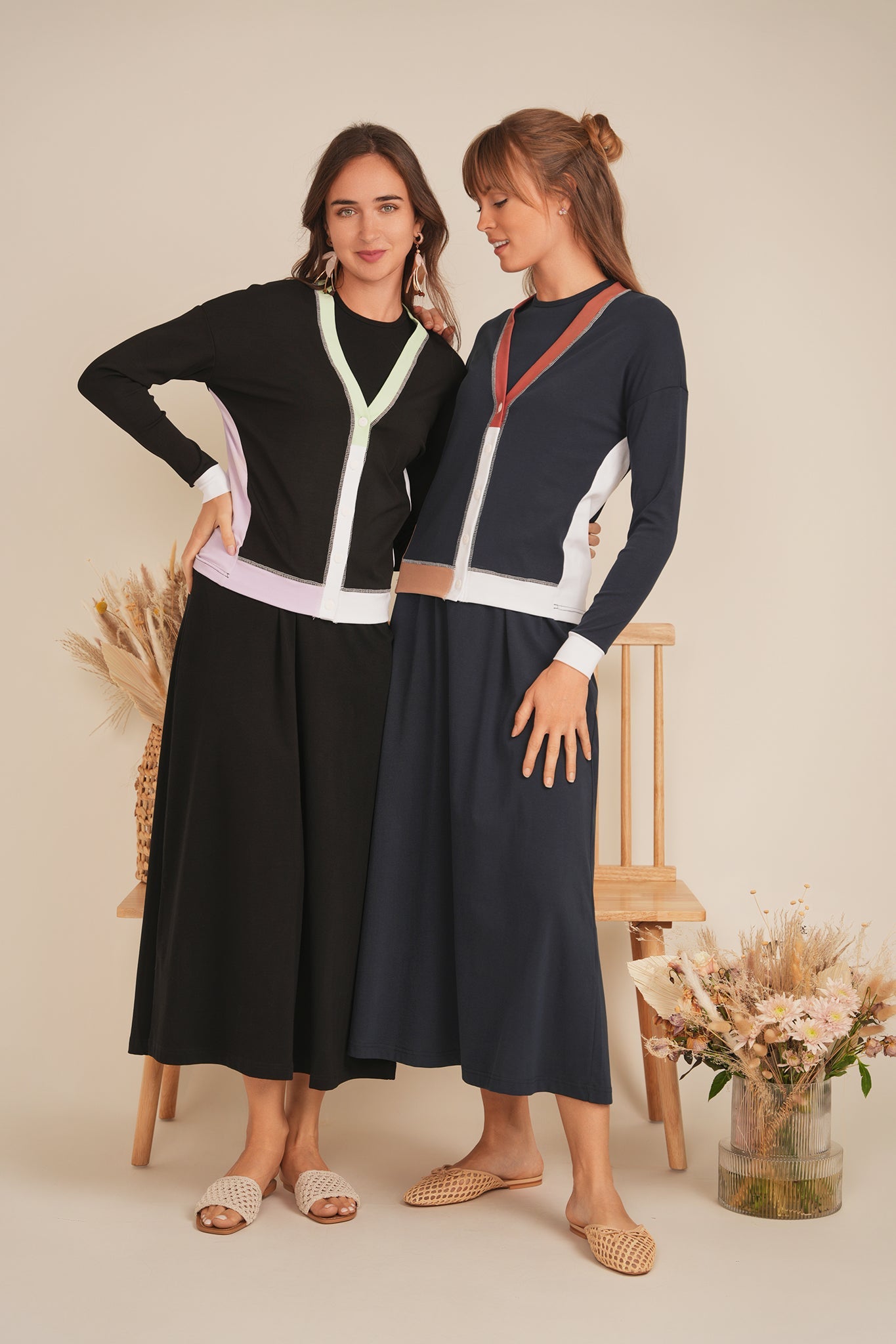 Ladies Color Blocked Cardigan Long Sleeve Button Front
