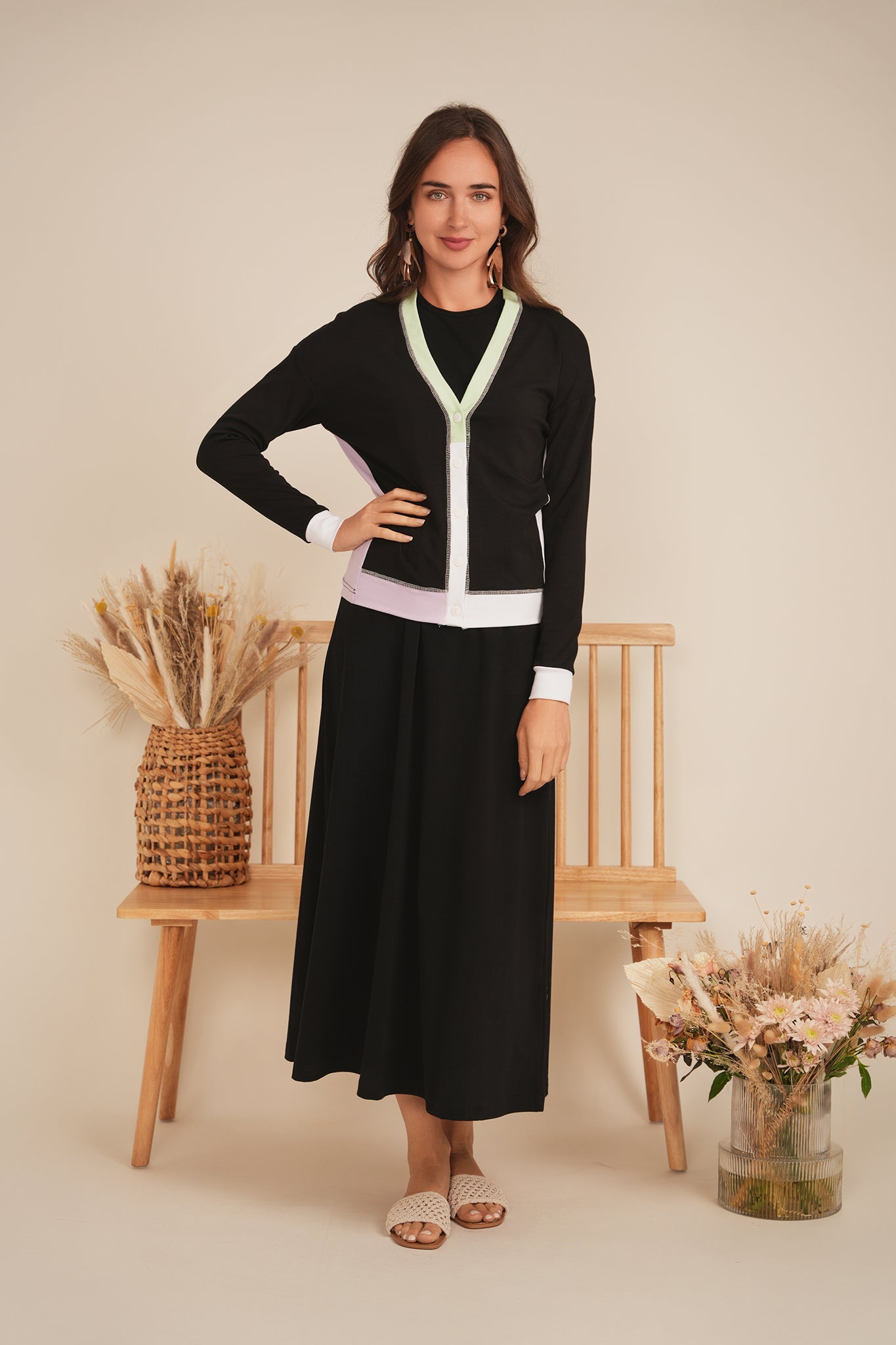 Ladies Color Blocked Cardigan Long Sleeve Button Front