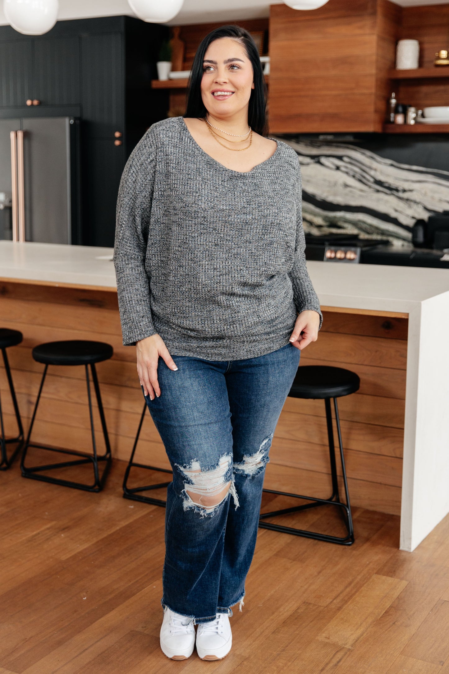 Warm Thoughts Charcoal Ribbed Waffle Knit Top Dolman Sleeves