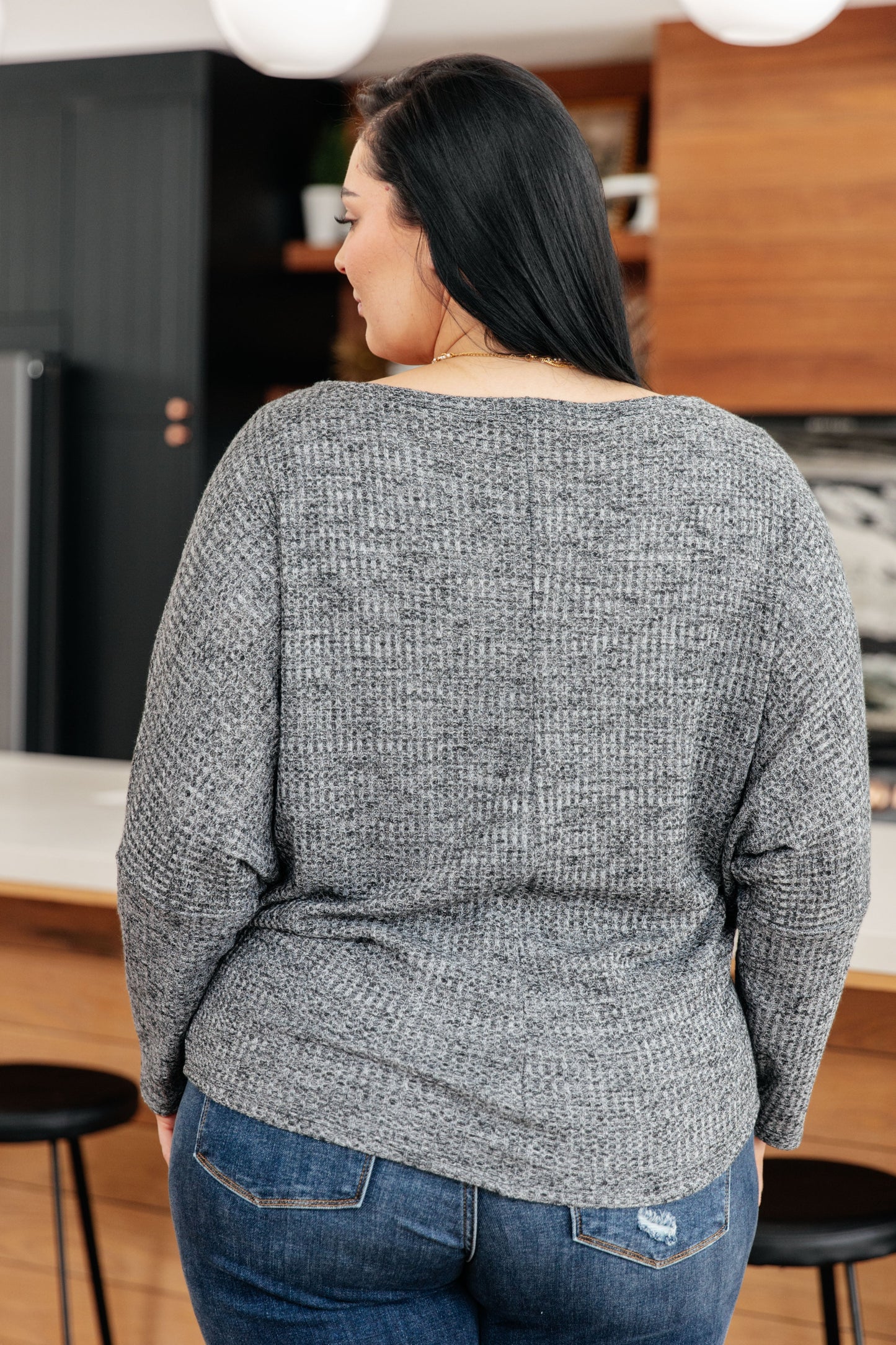 Warm Thoughts Charcoal Ribbed Waffle Knit Top Dolman Sleeves