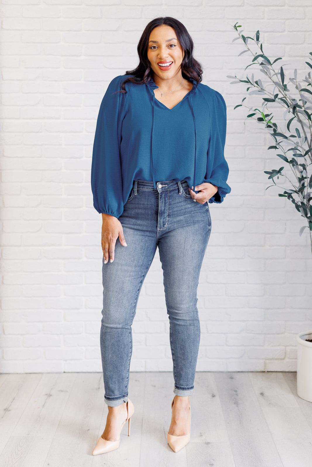 We Believe Keyhole Tie Detail Blouse Textured Woven