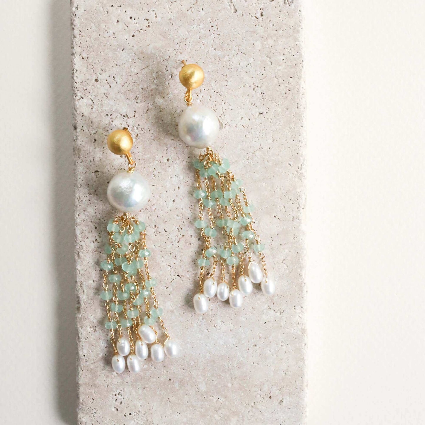Pearl & London Blue Quartz Tassel Earrings