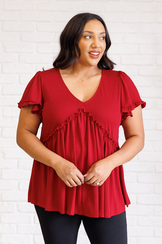 One Day Soon V Neck Ruffle Detail Top Flutter Sleeves