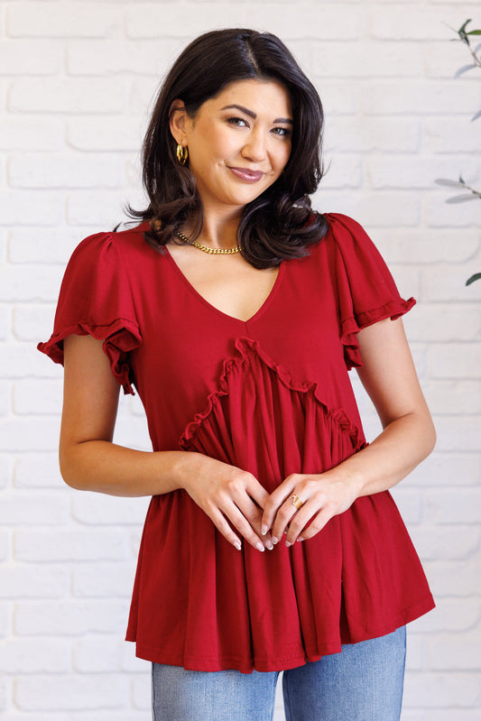 One Day Soon V Neck Ruffle Detail Top Flutter Sleeves