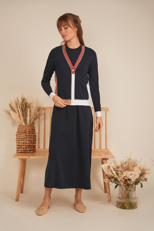 Ladies Color Blocked Cardigan Long Sleeve Button Front