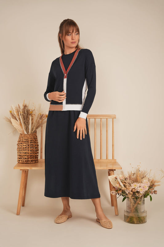 Ladies Color Blocked Cardigan Long Sleeve Button Front