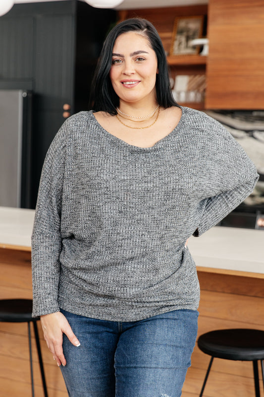 Warm Thoughts Charcoal Ribbed Waffle Knit Top Dolman Sleeves