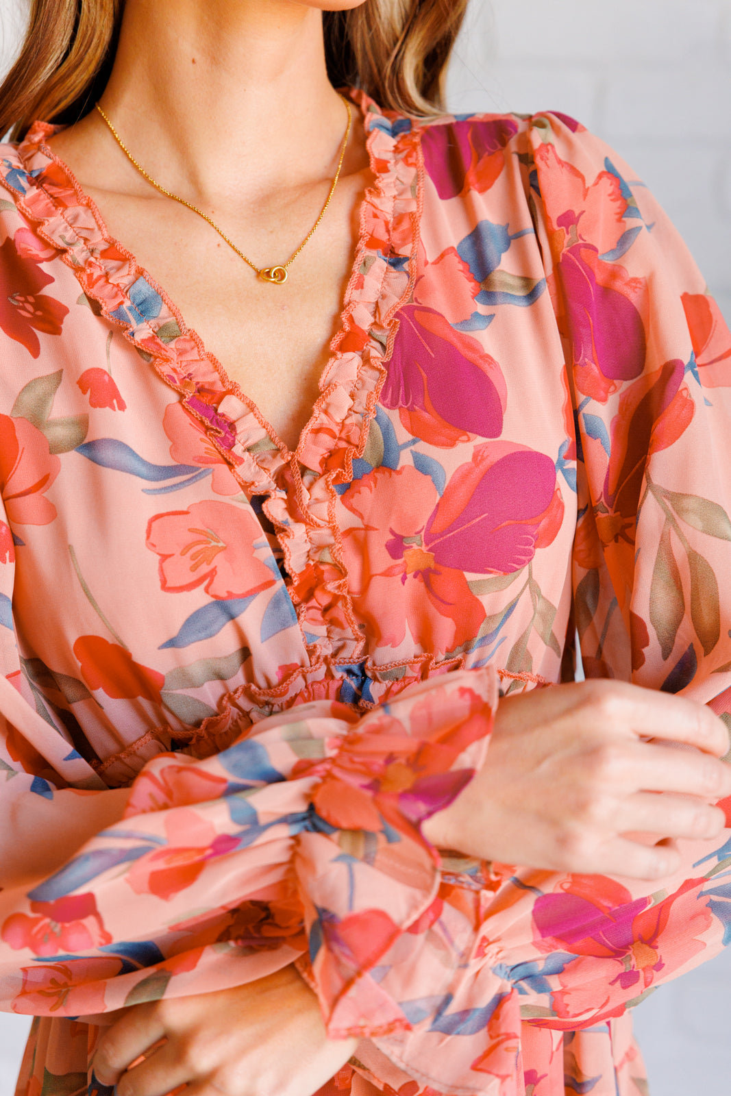 You And Me Floral Midi Dress With Ruffled V Neck Chiffon