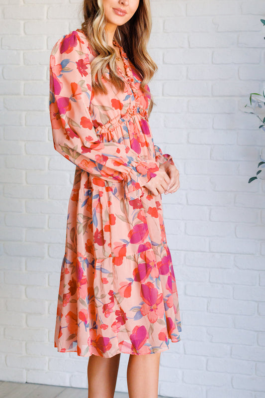 You And Me Floral Midi Dress With Ruffled V Neck Chiffon