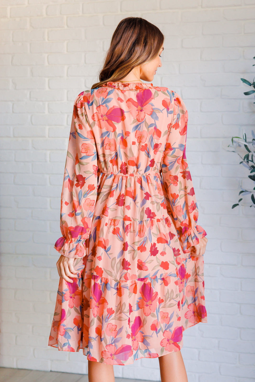 You And Me Floral Midi Dress With Ruffled V Neck Chiffon