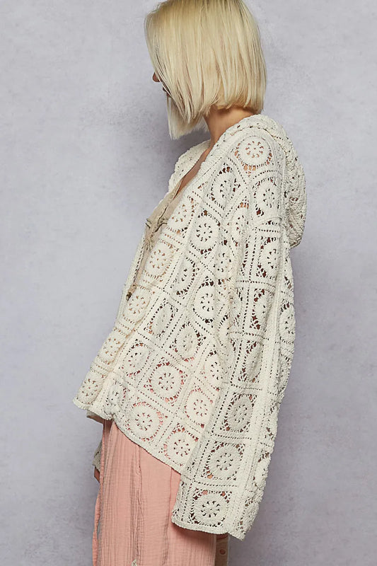 Lace Crochet Open Front Hooded Cardigan